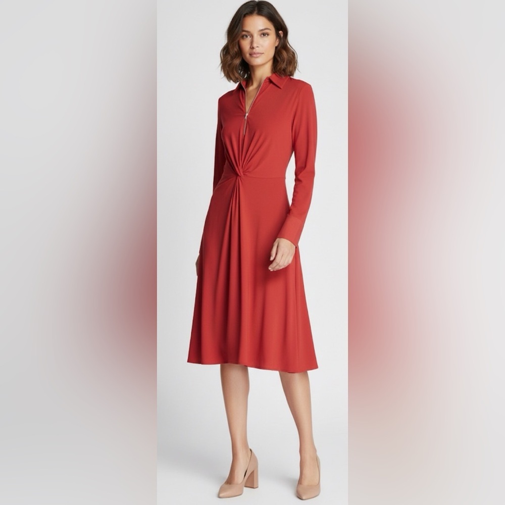 Donna Karan New York Twist Front Shirt Dress Red Long Sleeves Size L